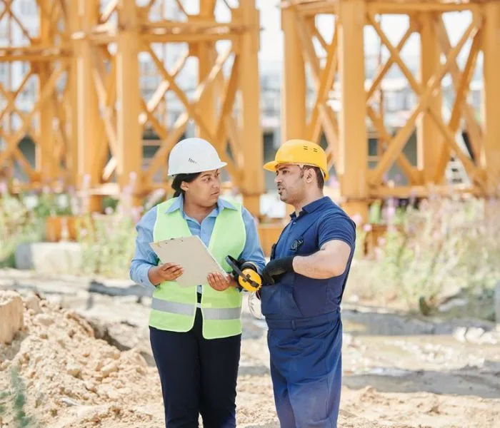 Inicio 23 empleados hablando en obra en construccion